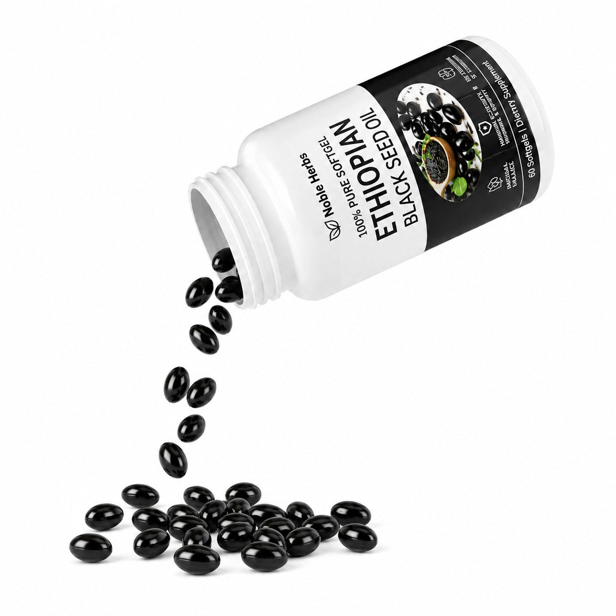 Noble Herbs Ethiopian Black Seed Oil bottle with black softgel capsules